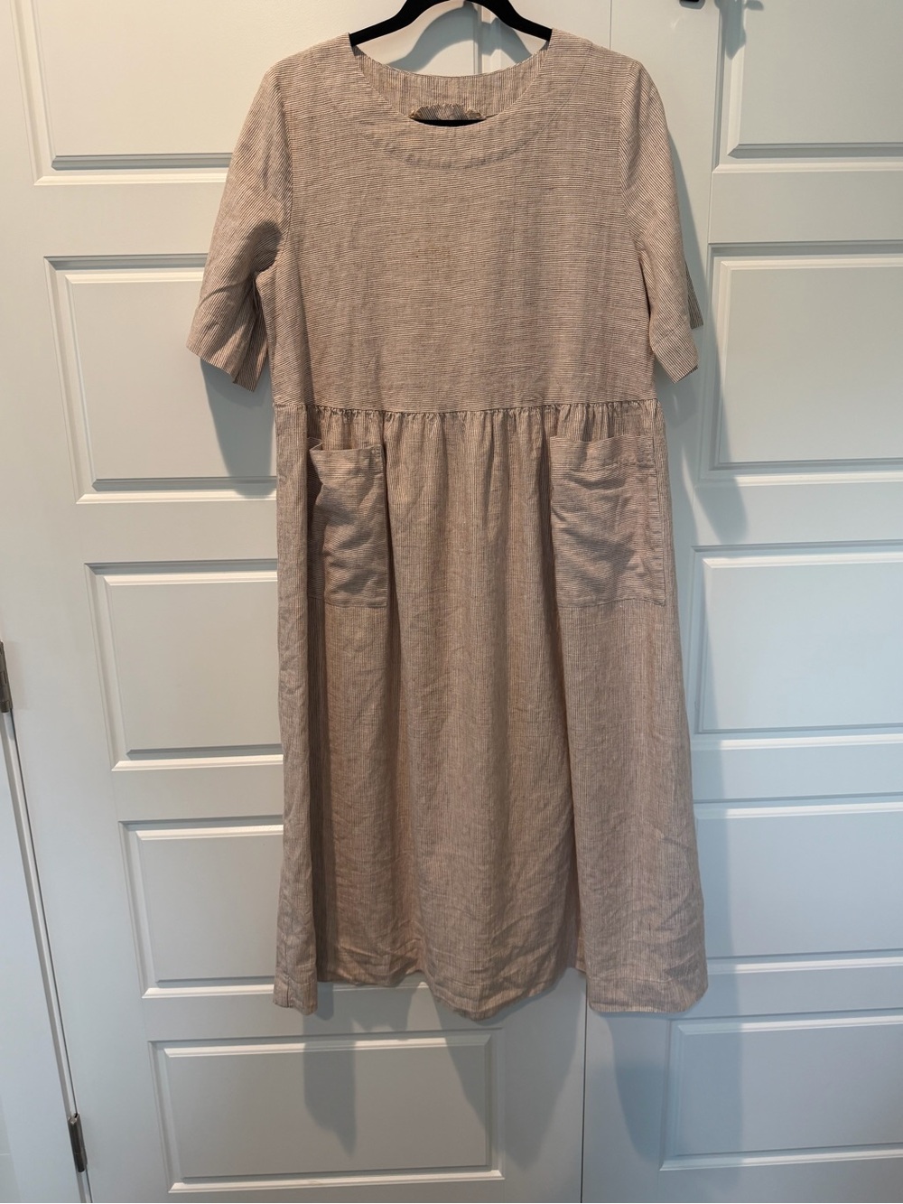Yuvita 100% Linen Gathered Midi Dress Fine Neutral Stripes Beige Cream Sz Medium